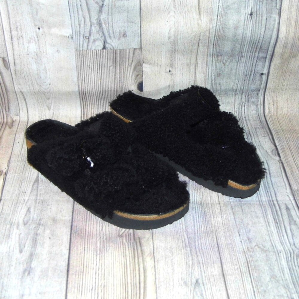 BIRKENSTOCK Papilio Arizona Big Buckle Shearling Black Sandals Womens Size 10